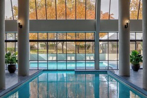 An indoor swimming pool with clear glass walls, potted plants, and a view of outdoor trees. - Marriott Albuquerque (Albuquerque)