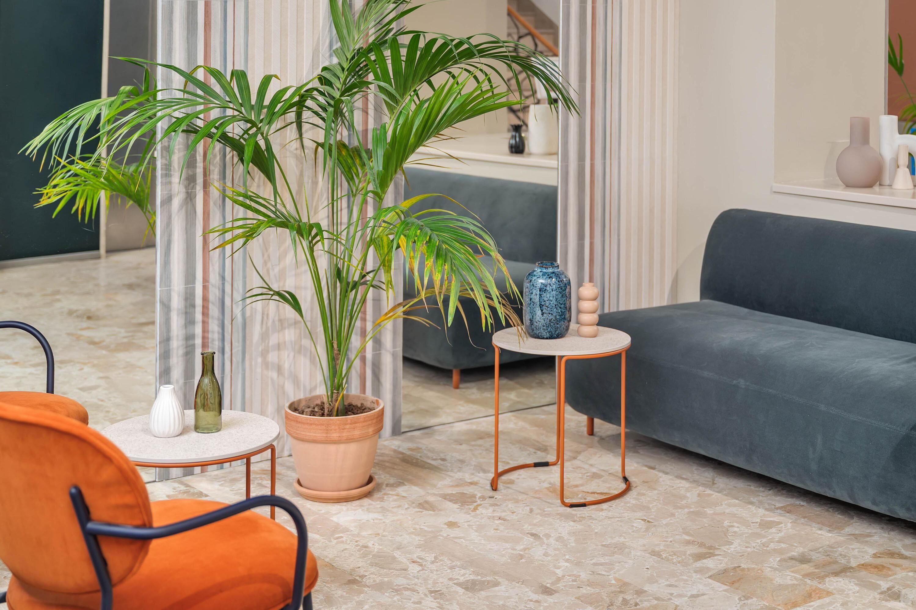 Una sala de estar moderna con un sofá gris, un sillón naranja, una mesa de centro redonda y una planta grande en maceta.