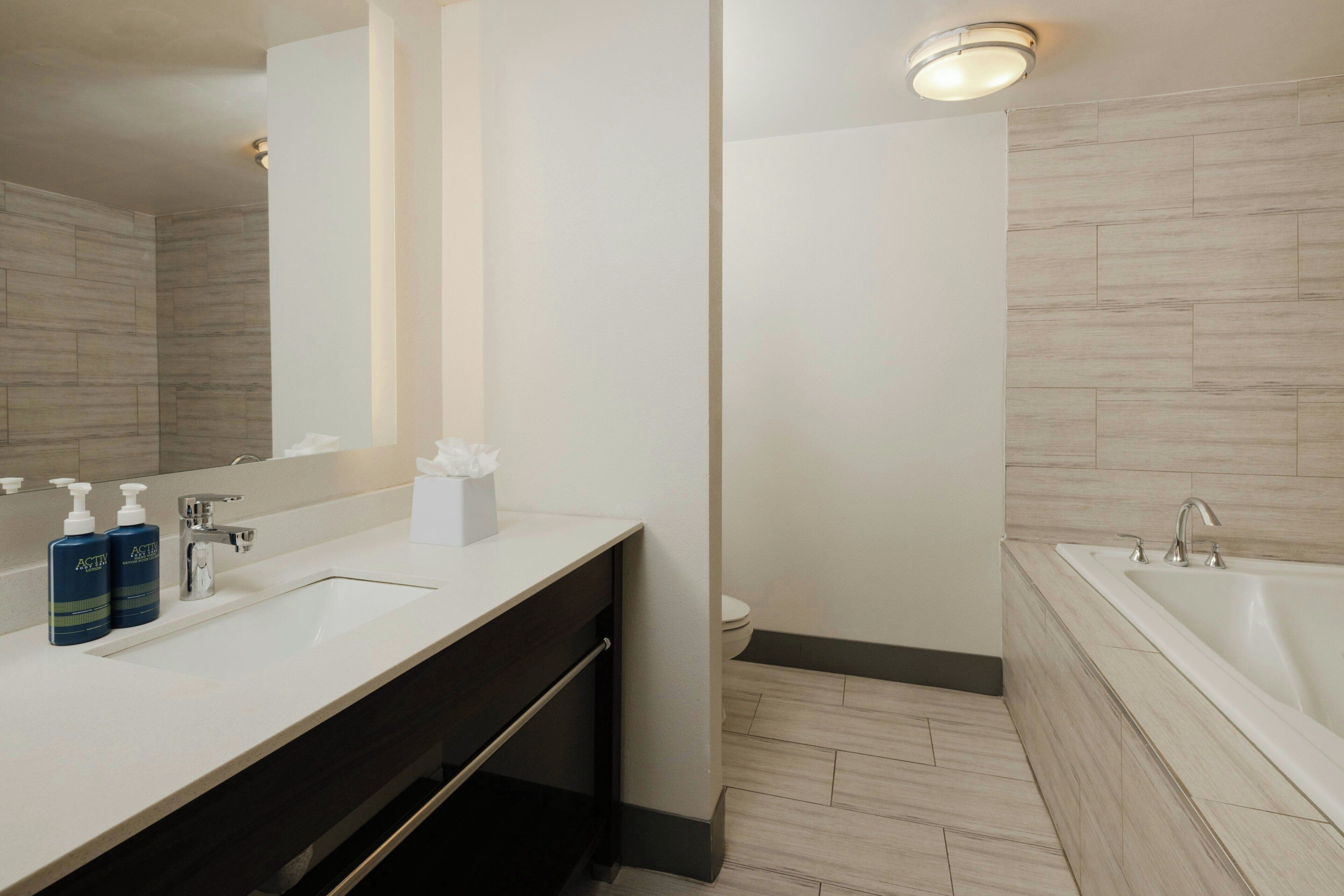 Een moderne badkamer met een witte wastafel, twee lotions, een spiegel en een bad.