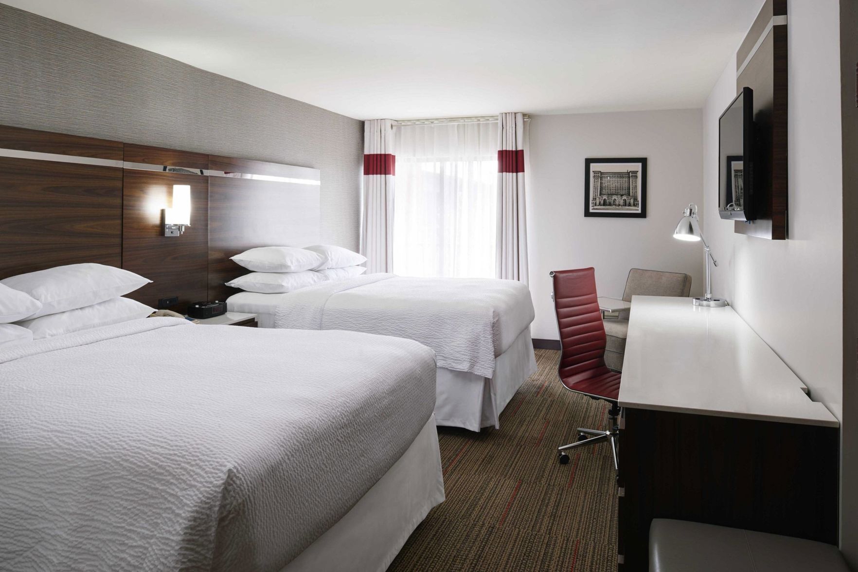 Premium bedding, desk, laptop workspace, iron/ironing board