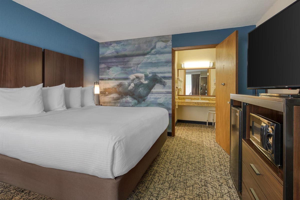 A hotel room with a large bed, a television, a microwave, and a bathroom visible through an open door.