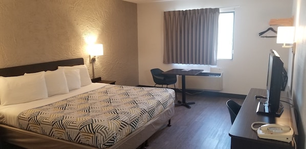 Desk, laptop workspace, blackout drapes, free WiFi