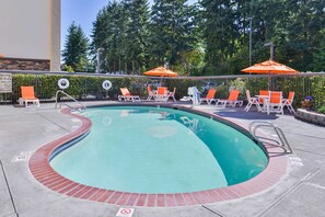 Piscine extérieure en saison, parasols, chaises longues