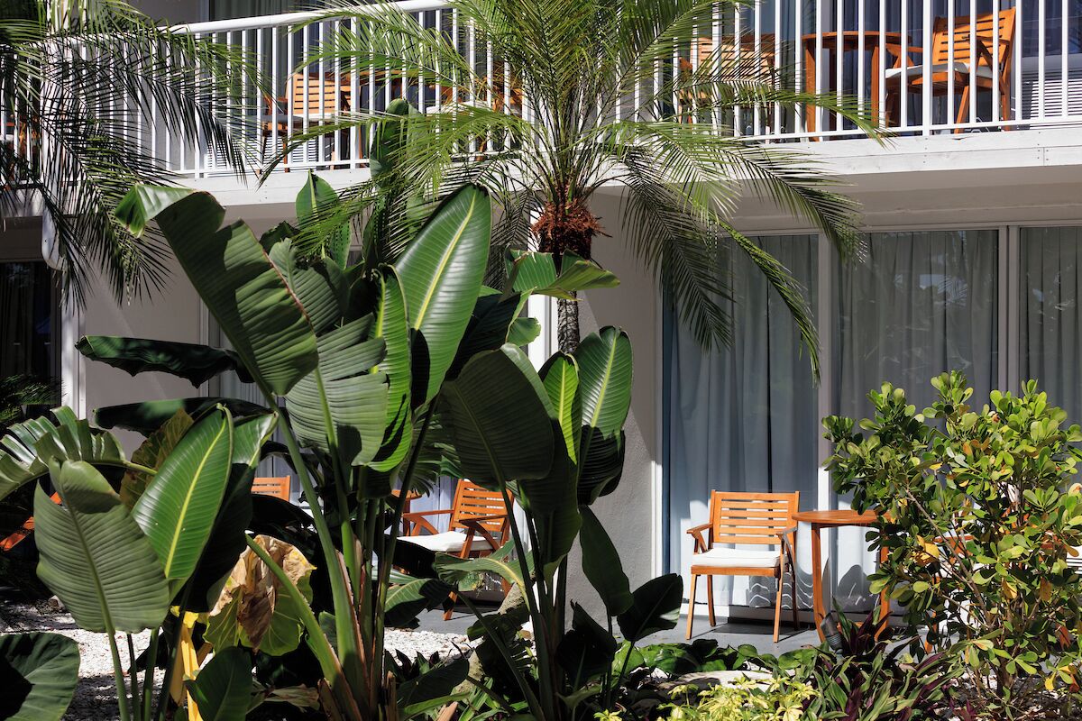 A hotel balcony with outdoor seating, surrounded by lush tropical plants.