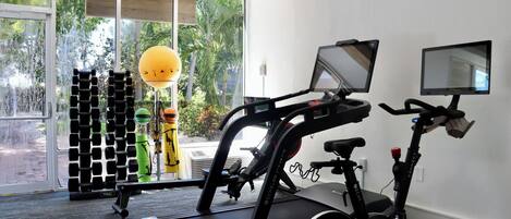 A home gym with a treadmill, stationary bike, and weight racks.