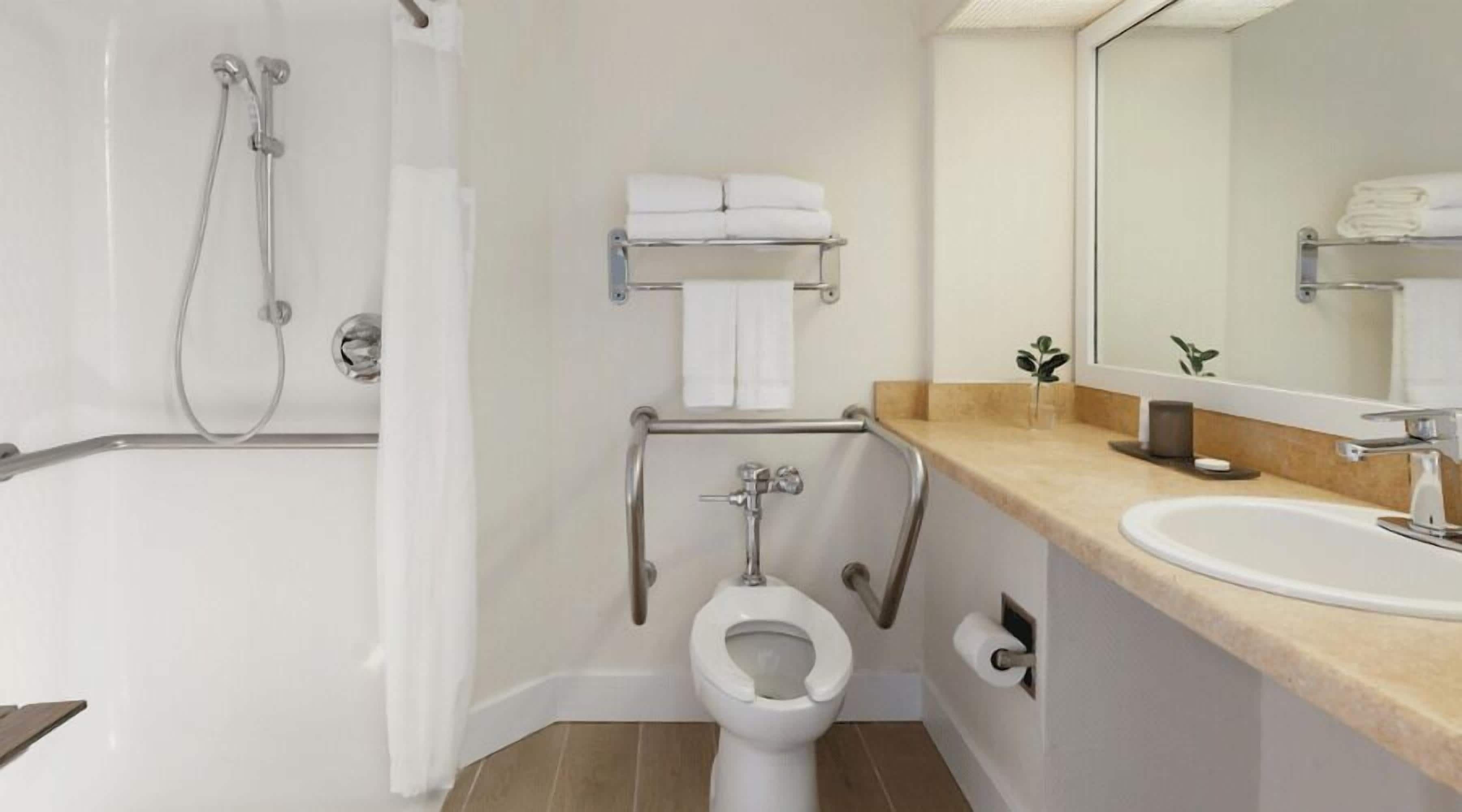 Ein modernes Badezimmer mit Dusche, Toilette und Waschbecken.