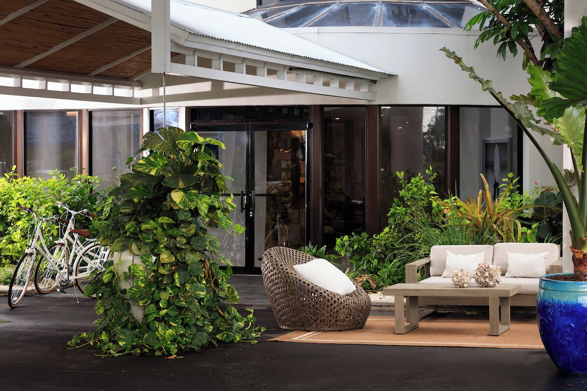 A modern outdoor seating area with a wicker chair and a sofa, surrounded by lush greenery and a potted plant.