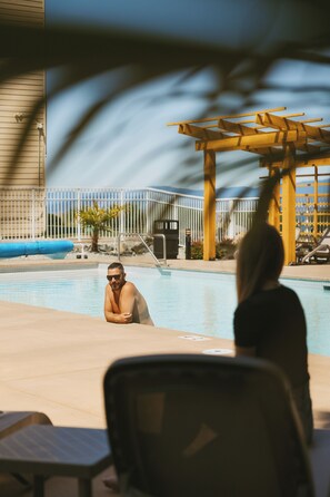 Indoor pool, outdoor pool, open 9:00 AM to 9:30 PM, free cabanas