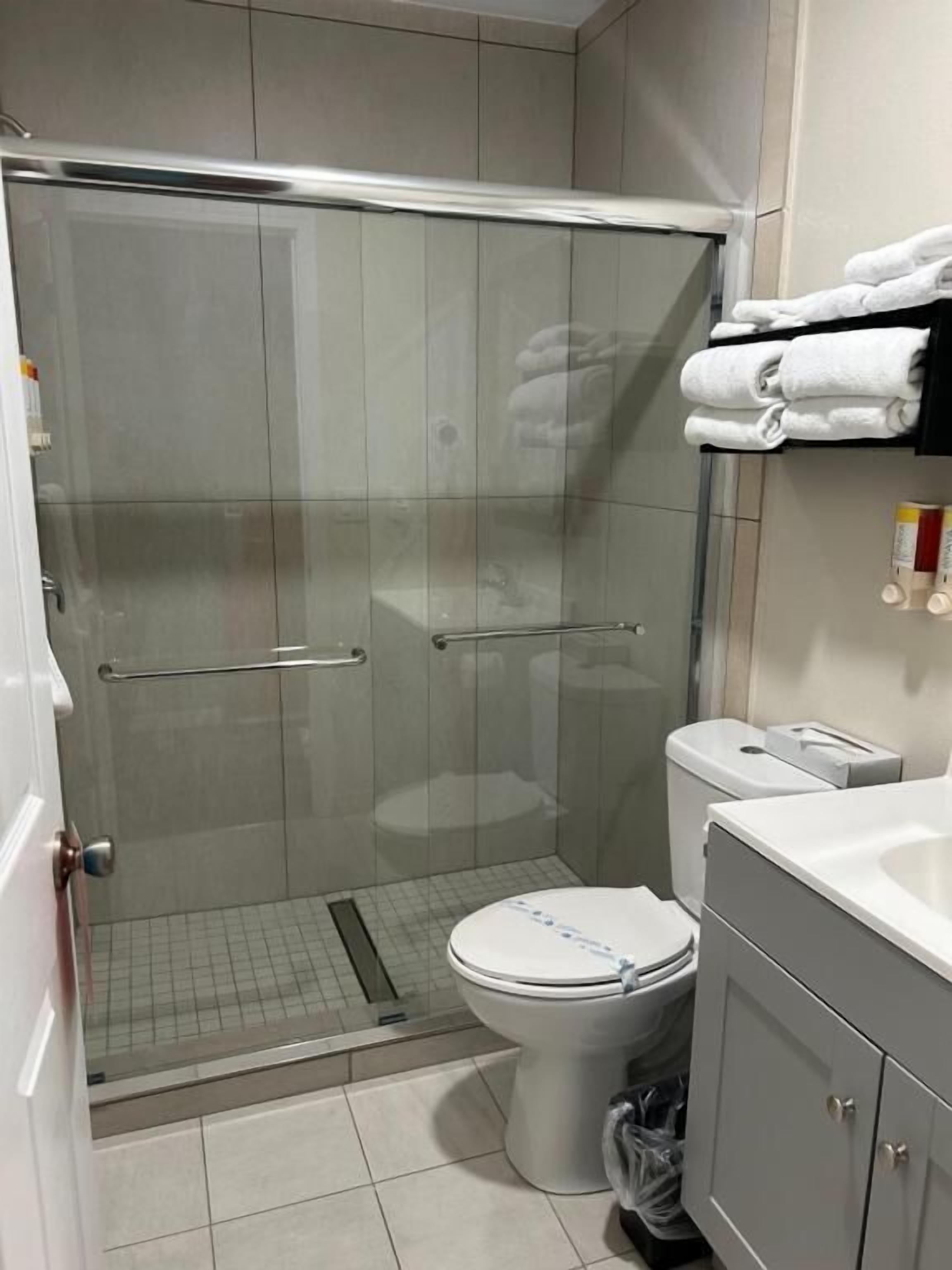 A bathroom with a glass-enclosed shower, a toilet, and a sink area.