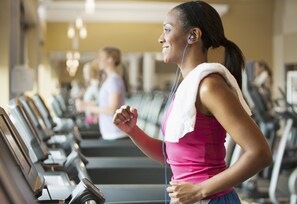 Guests can work out in a well-equipped gym with treadmills and other exercise equipment.