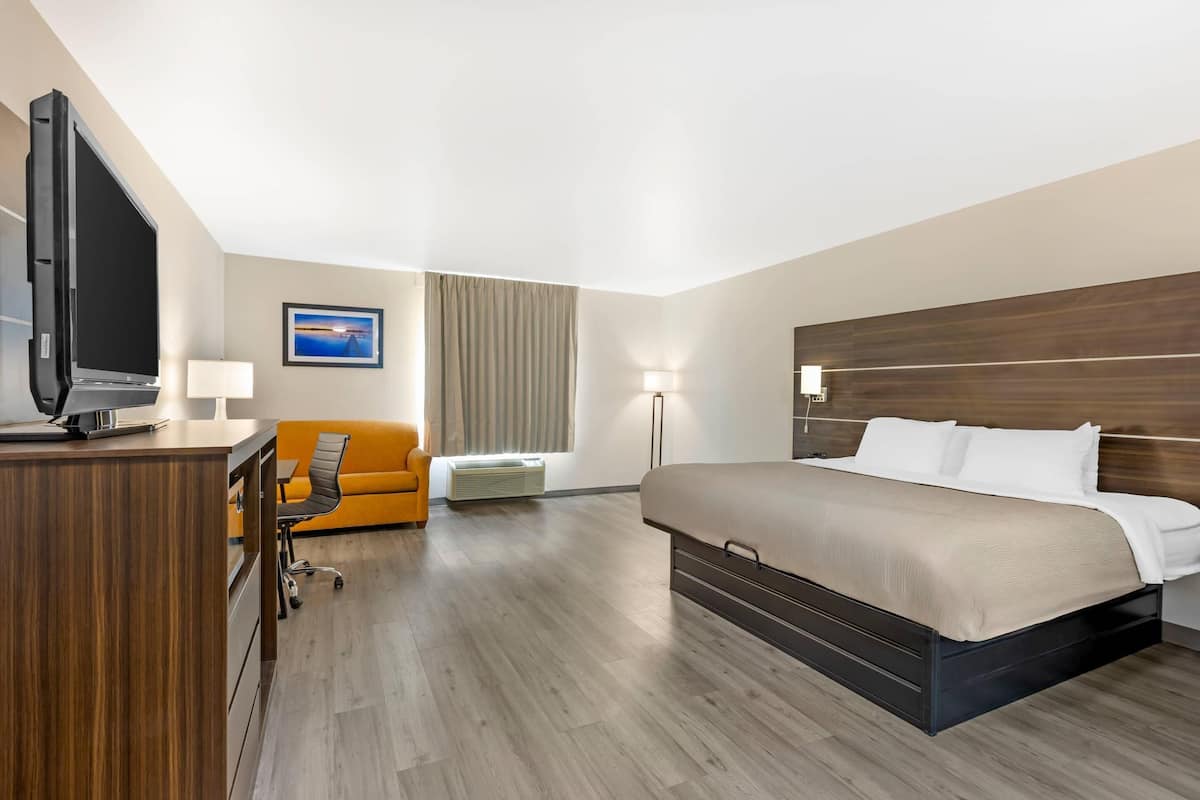 A hotel room with a bed, a desk with a TV, a chair, a lamp, and a window with curtains.