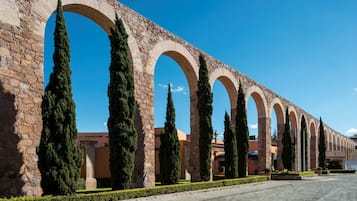 Una serie de arcos con un muro de piedra y altos cipreses en un patio.