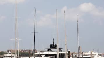 A marina with multiple sailboats docked at wooden piers.