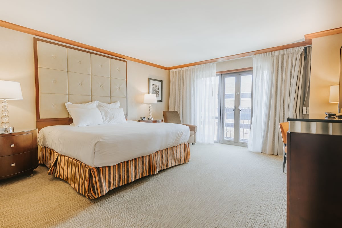 A hotel room with a large bed, a desk, a chair, and a view of the outdoors through the window.