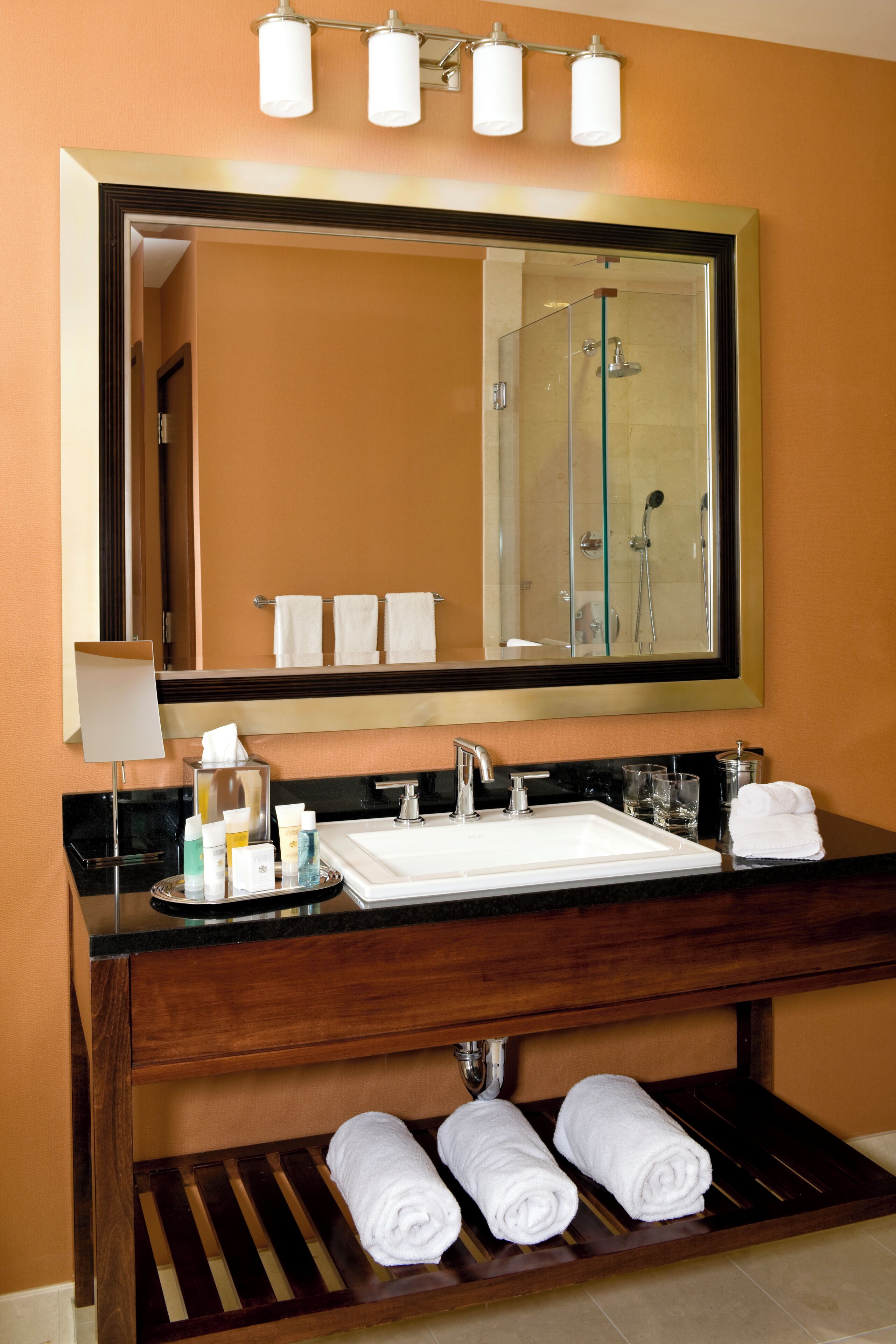 Designer toiletries, hair dryer, bathrobes, towels