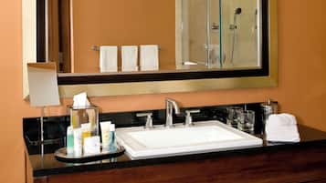 Designer toiletries, hair dryer, bathrobes, towels