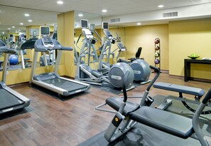 A gym with treadmills, elliptical machines, and exercise balls.