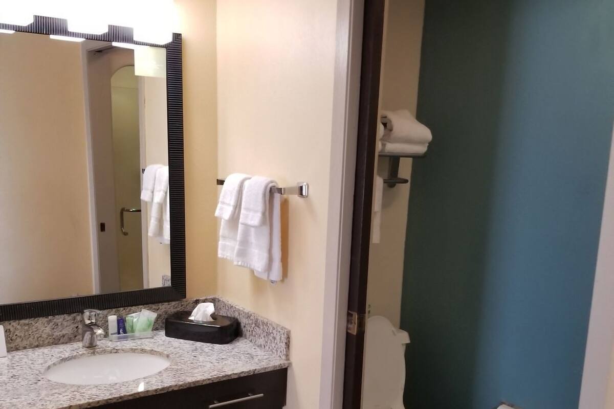 A bathroom with a sink, mirror, towel rack, toilet, and a shower area.