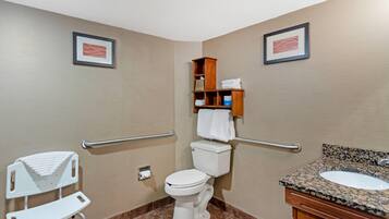 A bathroom with a toilet, a sink, a handrail, a white chair, and two framed pictures on the wall.