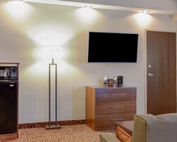 Habitación de hotel con una televisión de pantalla plana montada en la pared, un aparador de madera con cajones, una lámpara de pie y un refrigerador.