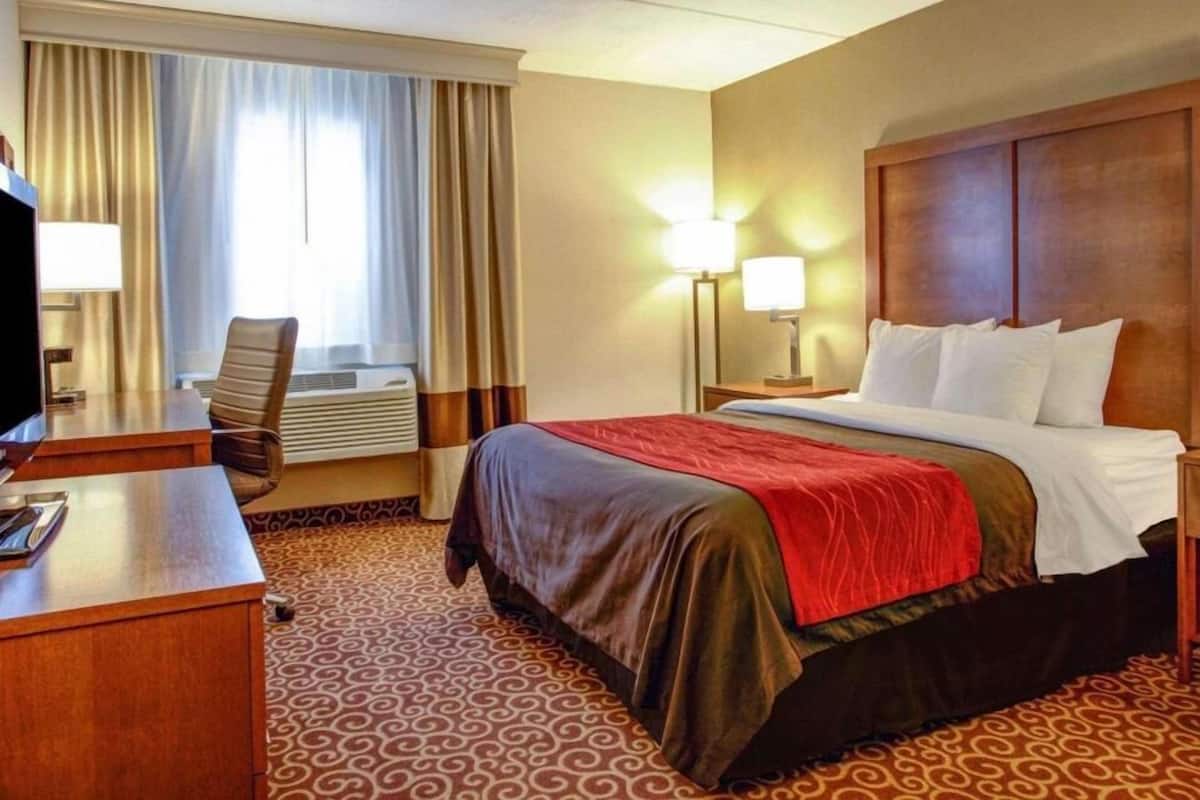 Une chambre d’hôtel équipée d’un lit, d’un bureau, d’une chaise, de lampes et de rideaux.