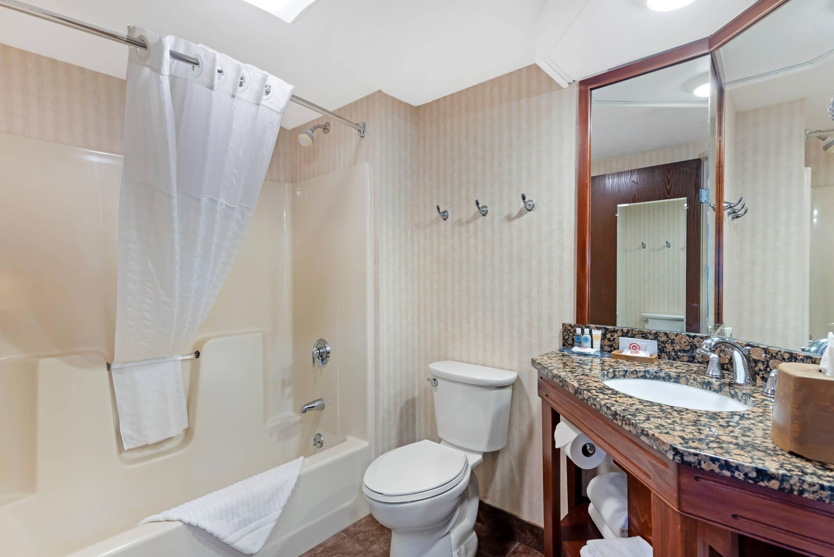 Un baño con bañera, inodoro y lavamanos con espejo.