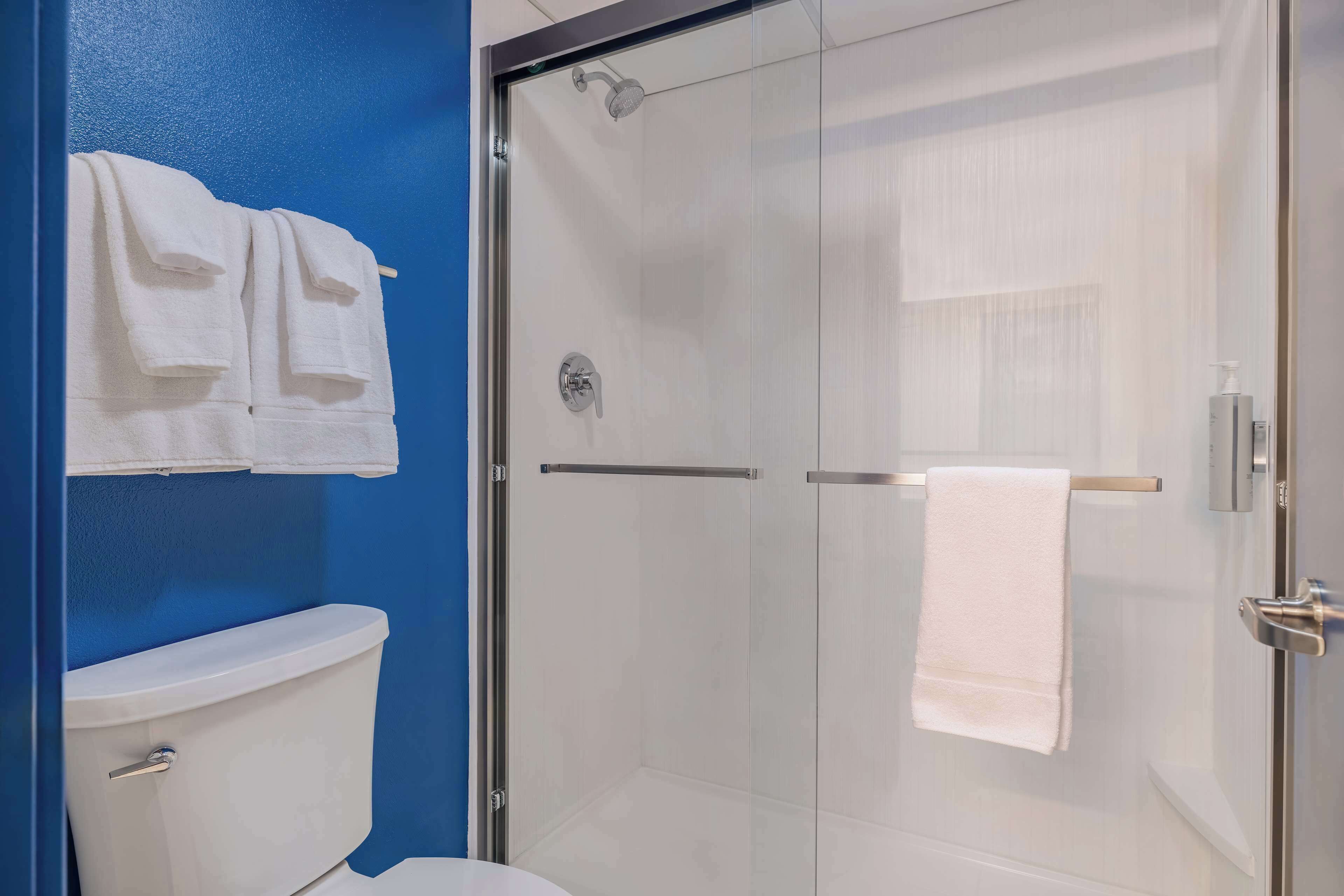 A bathroom with a glass-enclosed shower, a white toilet, and a blue wall.