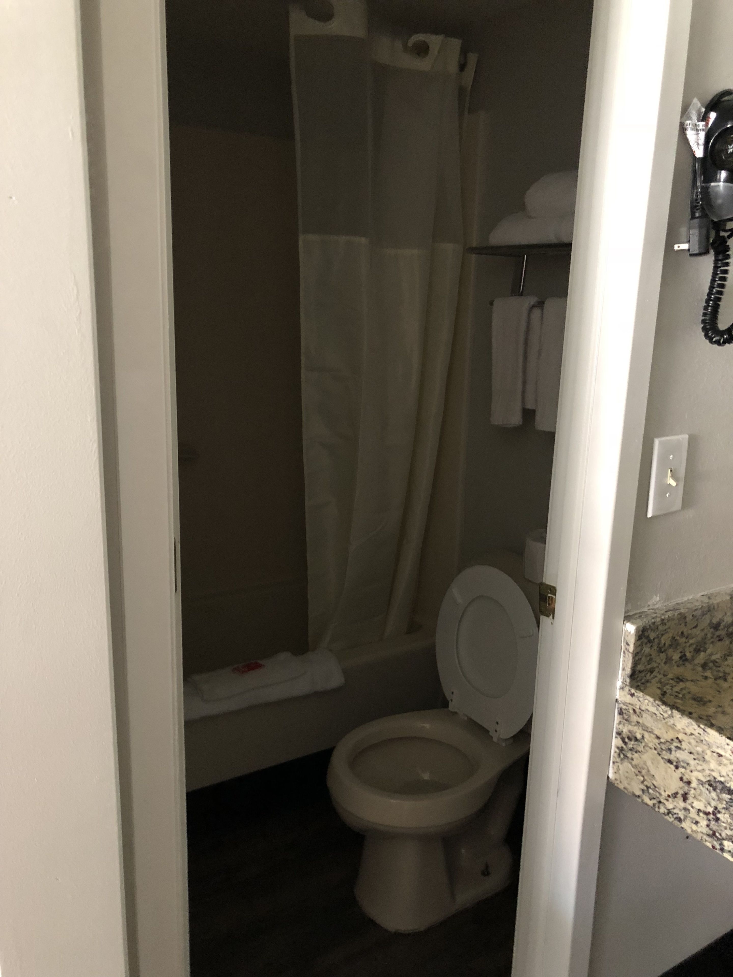 A bathroom with a toilet, a shower curtain, and a towel rack.