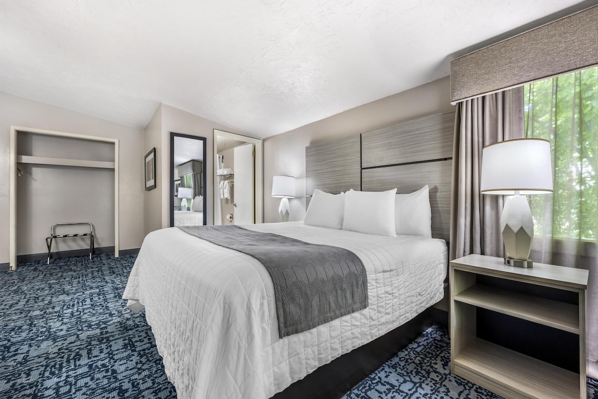 A hotel room with a bed, bedside table, lamp, and a view of greenery outside.