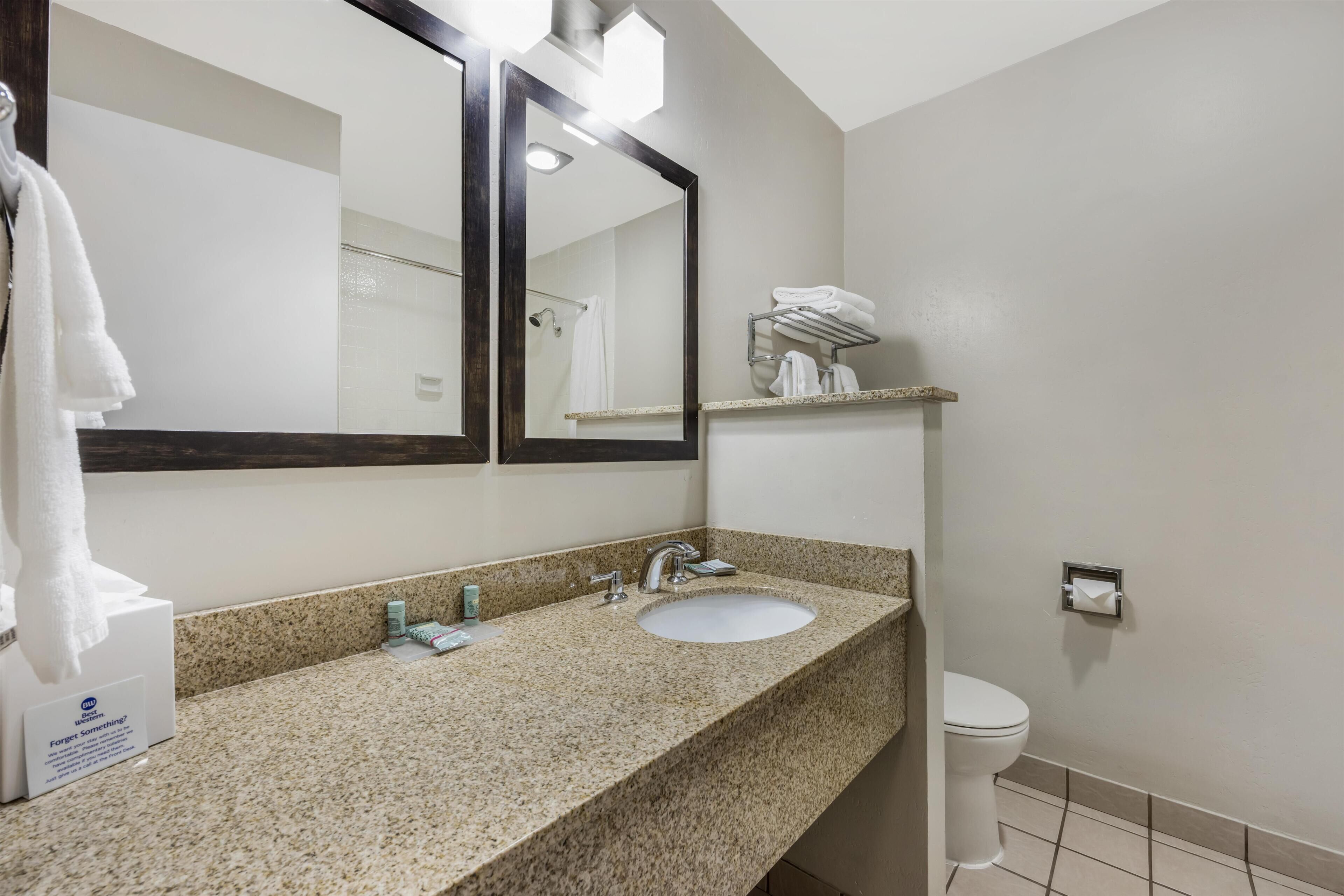 Un baño con encimera de granito, lavabo, espejo, toallero y retrete.