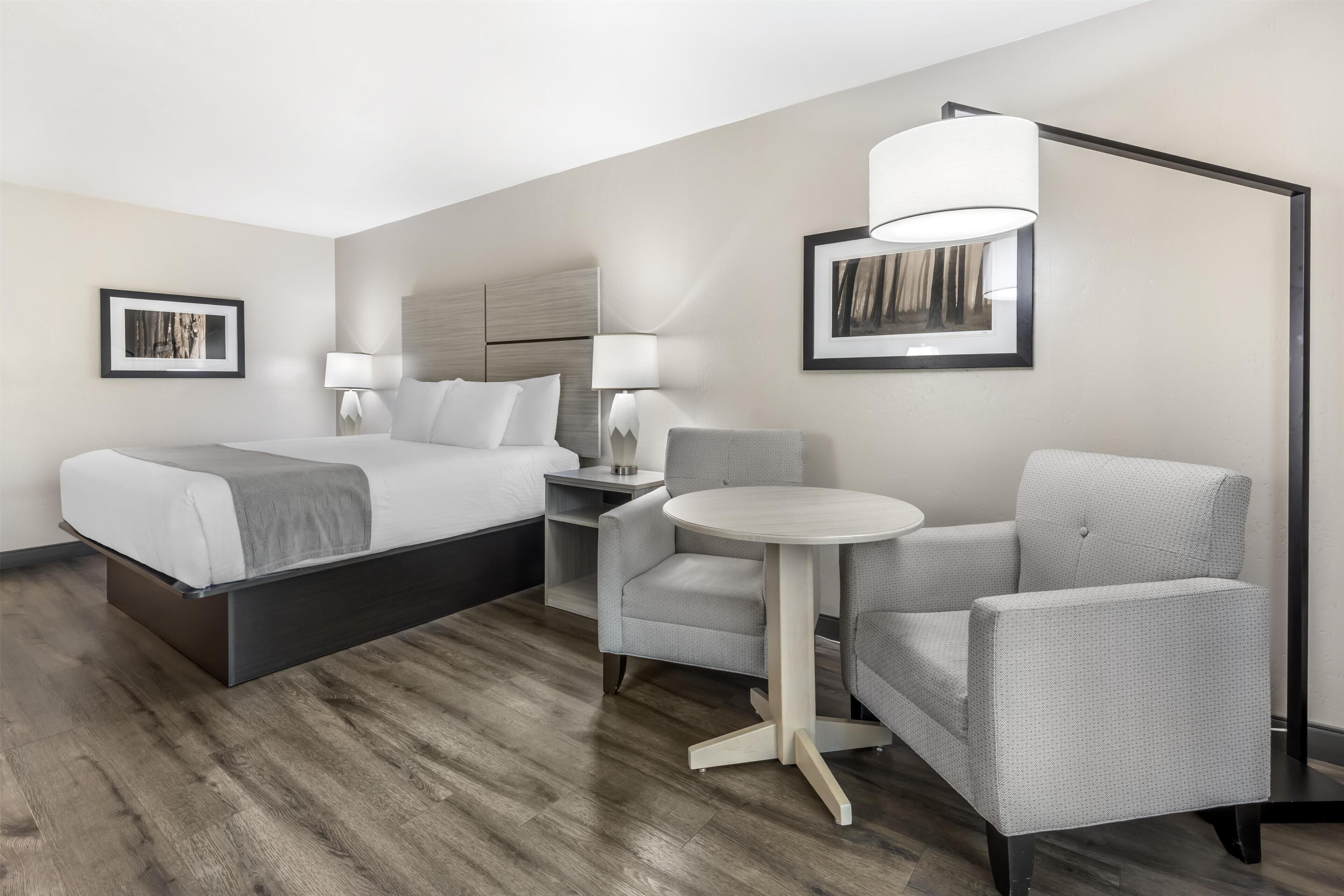 A hotel room with a bed, a desk, a chair, a round table, and two lamps.
