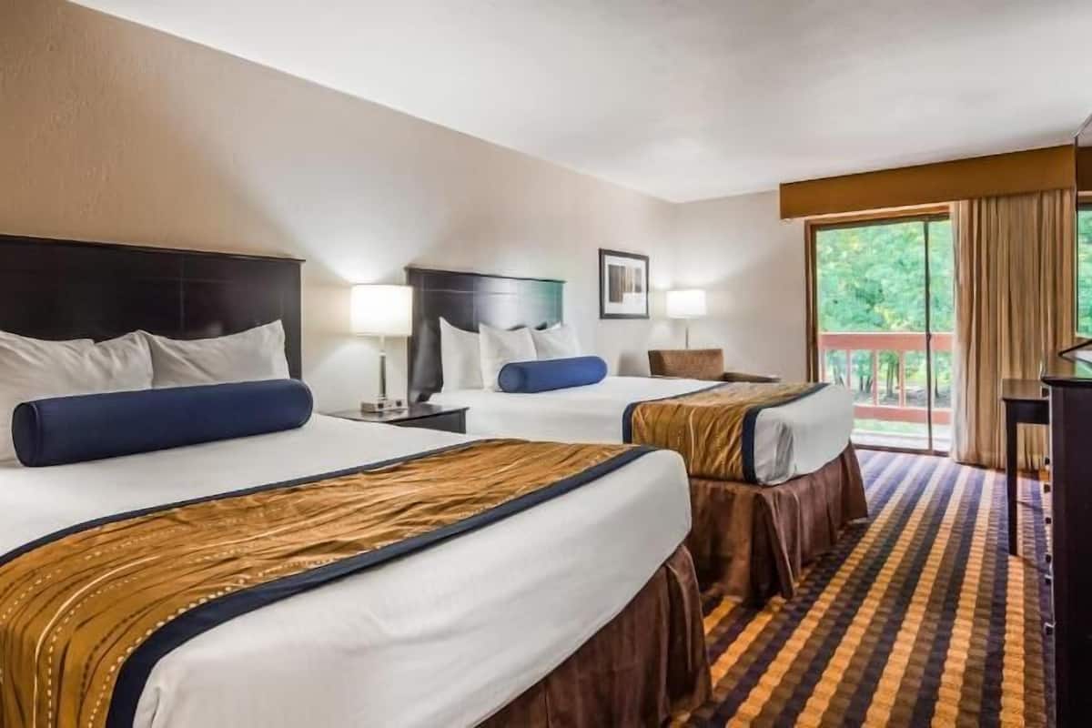 Habitación de hotel con dos camas, un escritorio y vistas a zonas verdes.