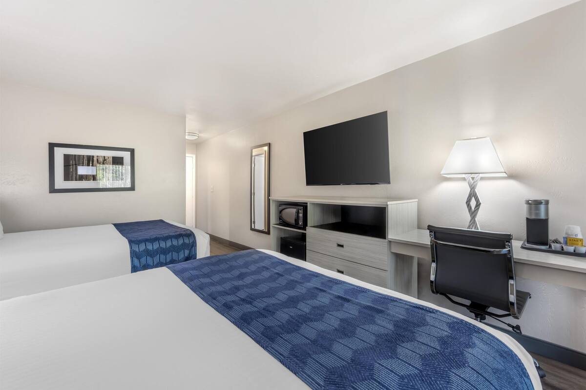 A hotel room with two beds, a desk, a chair, a TV, a lamp, and a coffee maker.