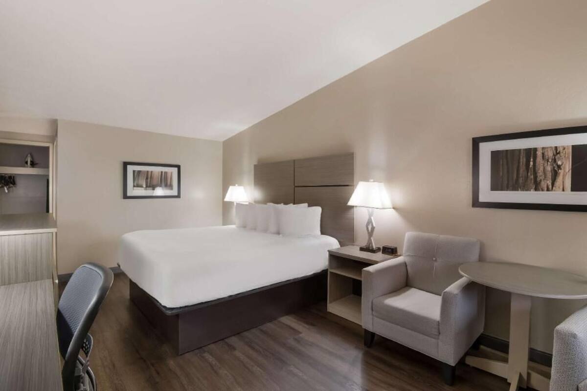 Escritorio, espacio para trabajar con laptop y cortinas blackout