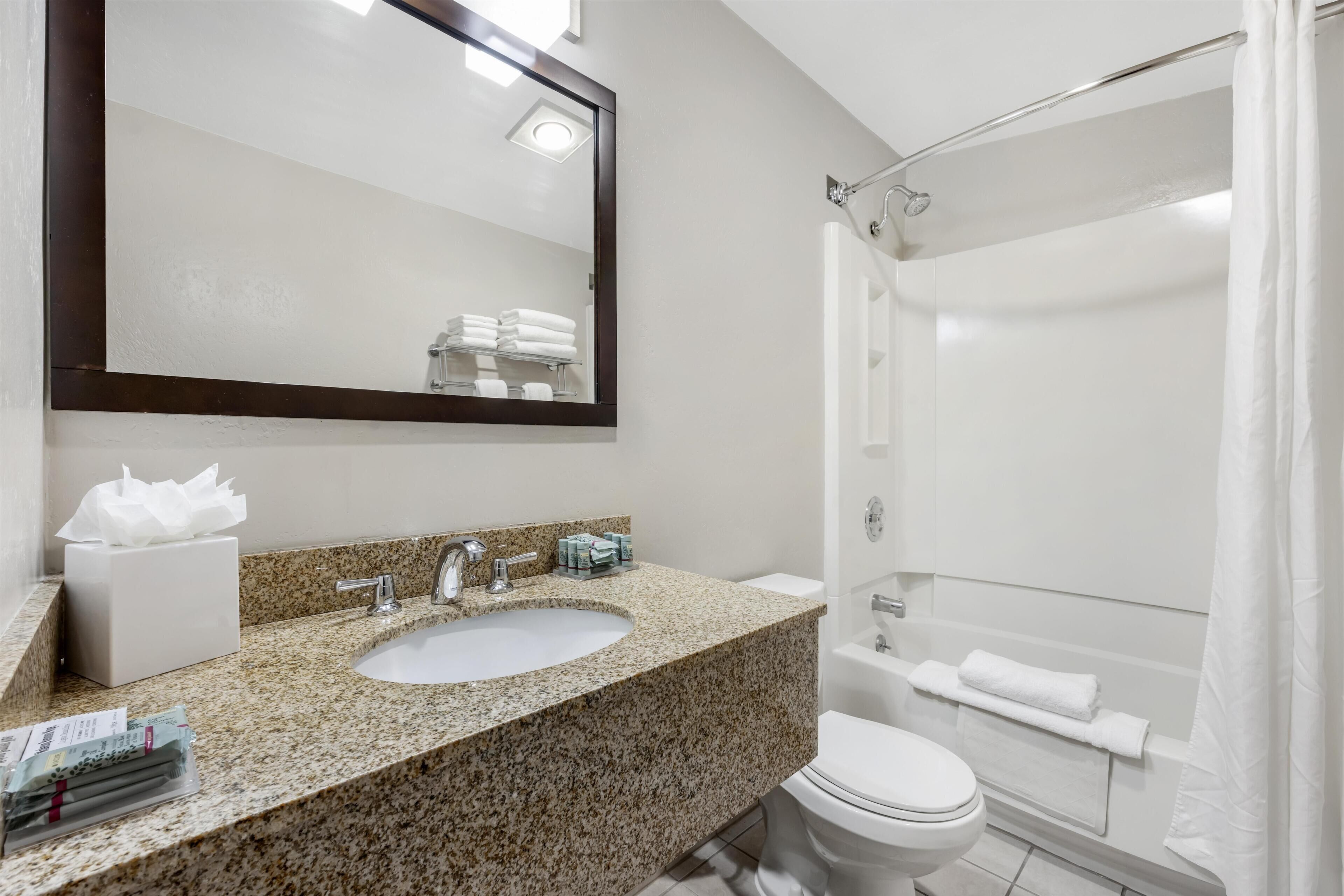 A bathroom with a granite countertop sink, a mirror, a toilet, and a glass-enclosed shower.