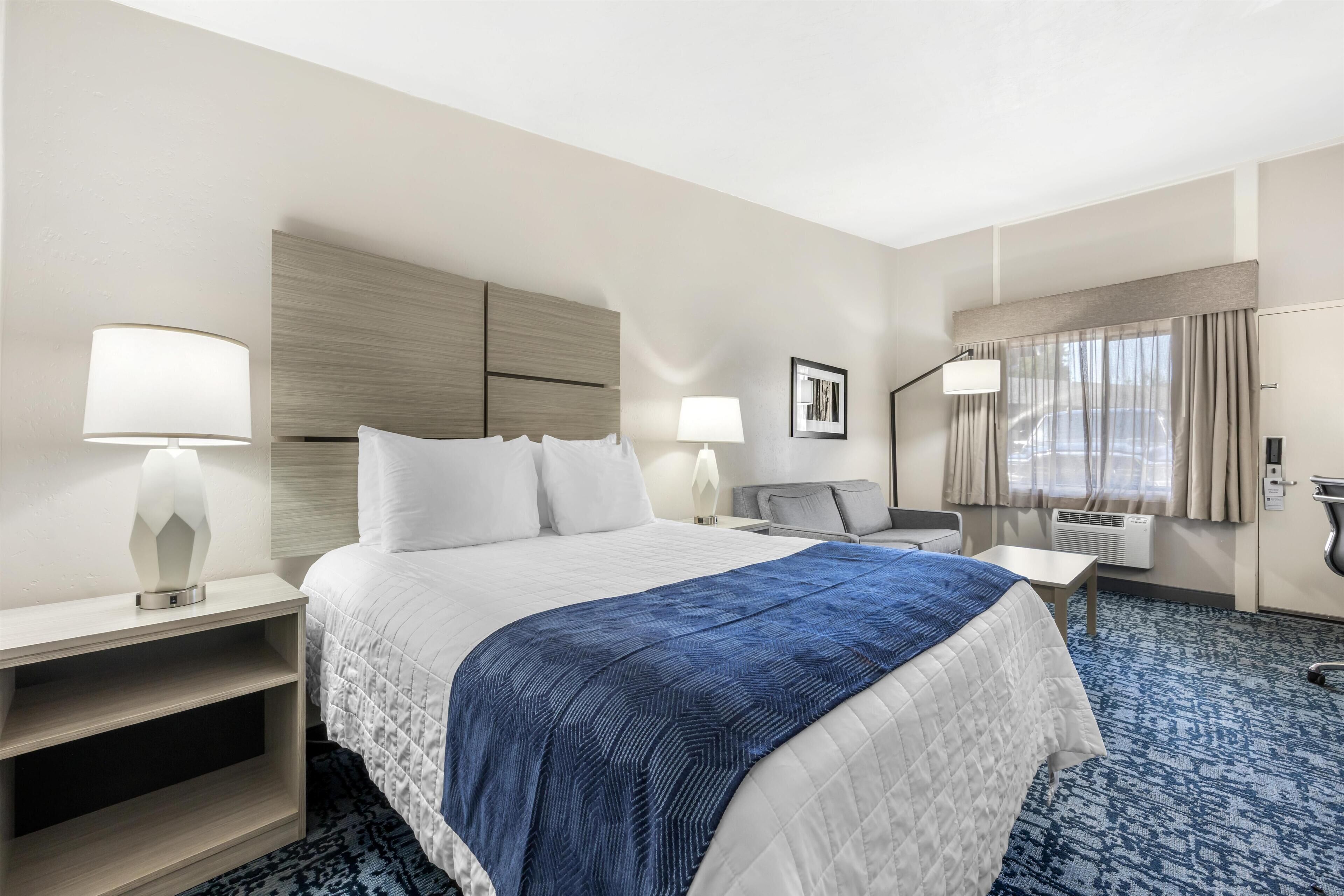 A hotel room with a bed, bedside tables, a desk, a chair, a lamp, a picture on the wall, and a window with curtains.