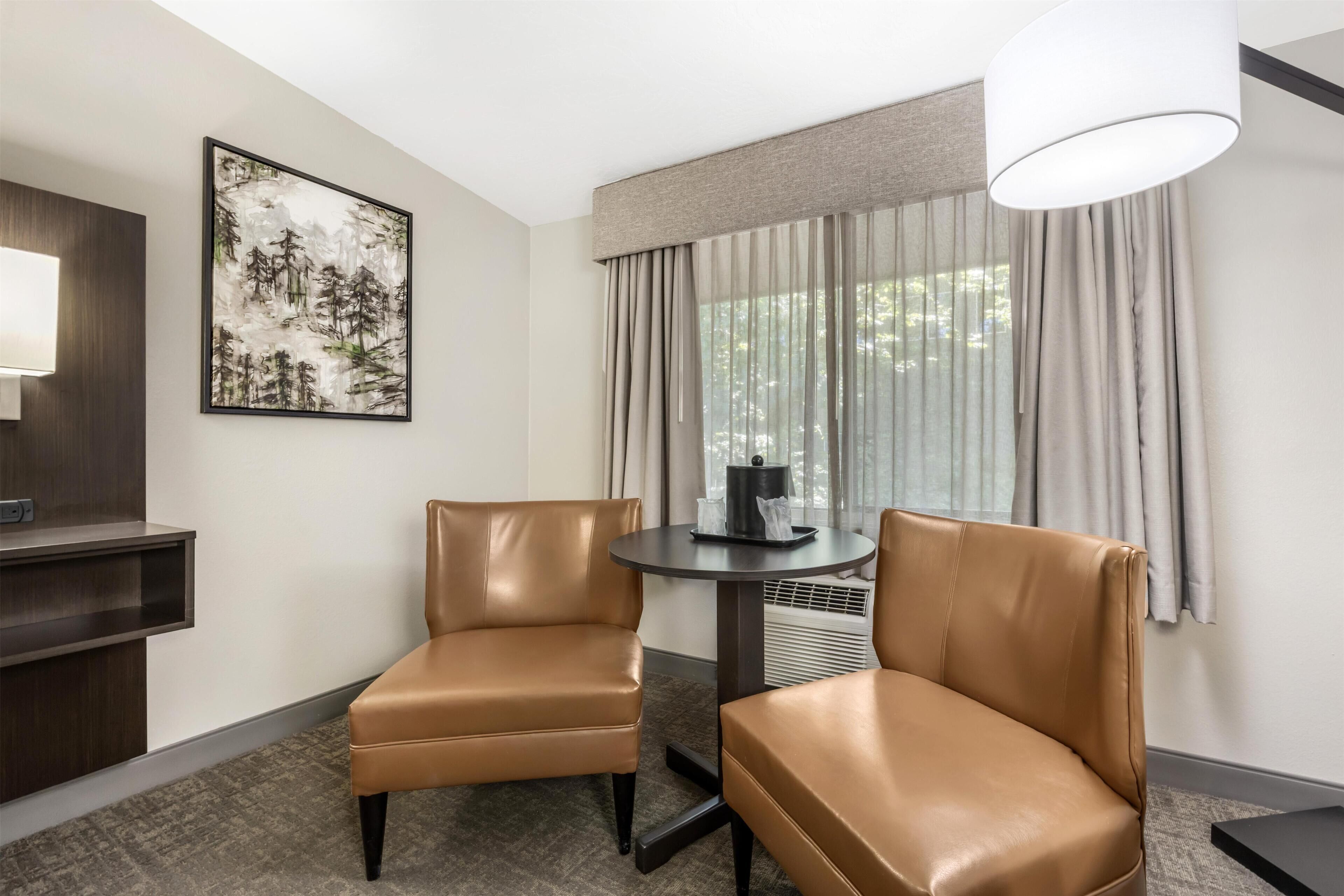 Une chambre d’hôtel avec deux fauteuils en cuir, une petite table ronde, un tableau au mur et une fenêtre avec des rideaux.