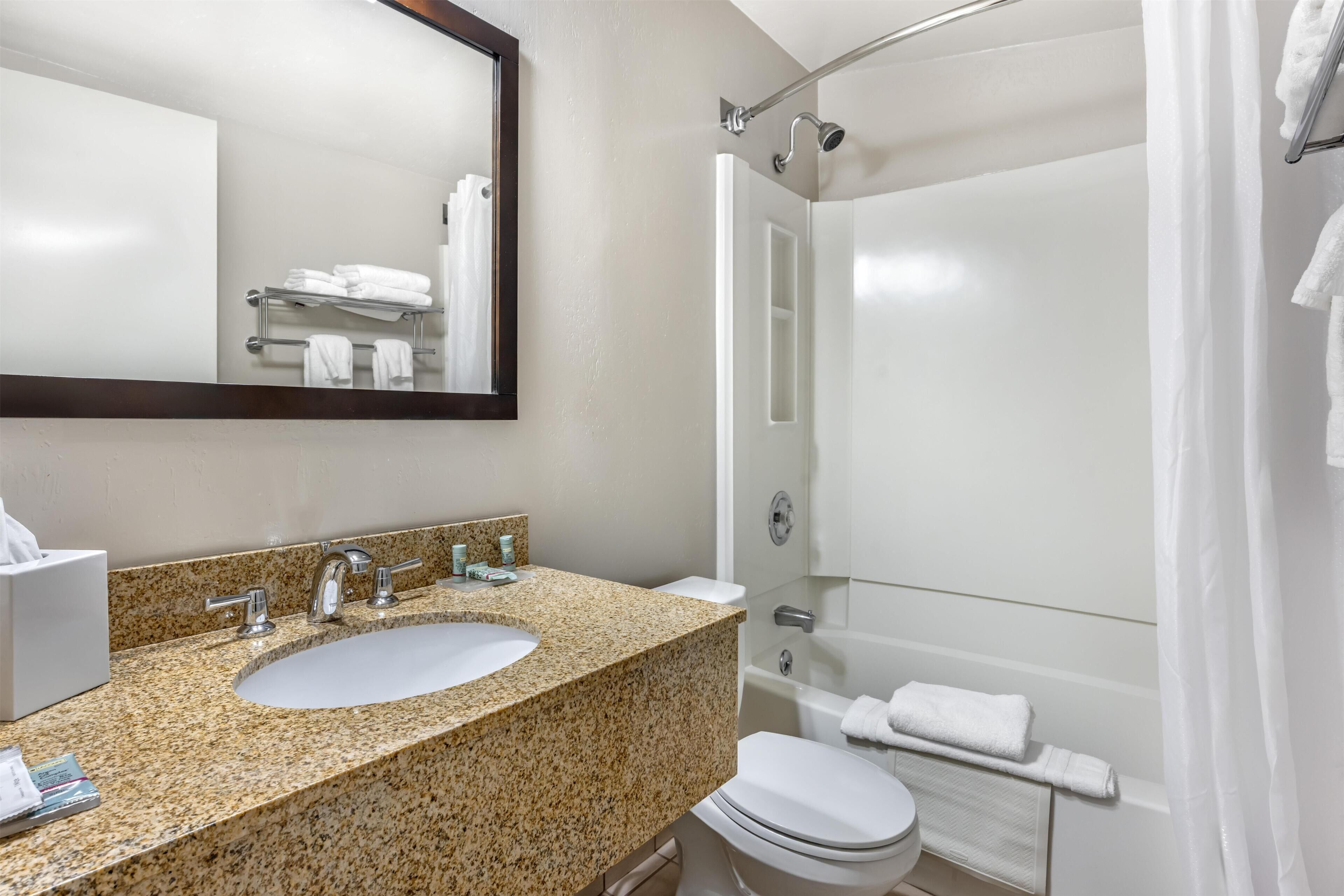 A bathroom with a granite countertop sink, a mirror, a toilet, a shower, and a bathtub.