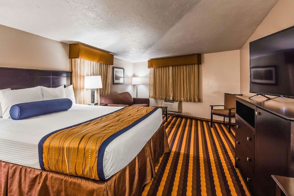 Une chambre d’hôtel avec un grand lit, un téléviseur à écran plat, un bureau avec une chaise et une fenêtre avec des rideaux.