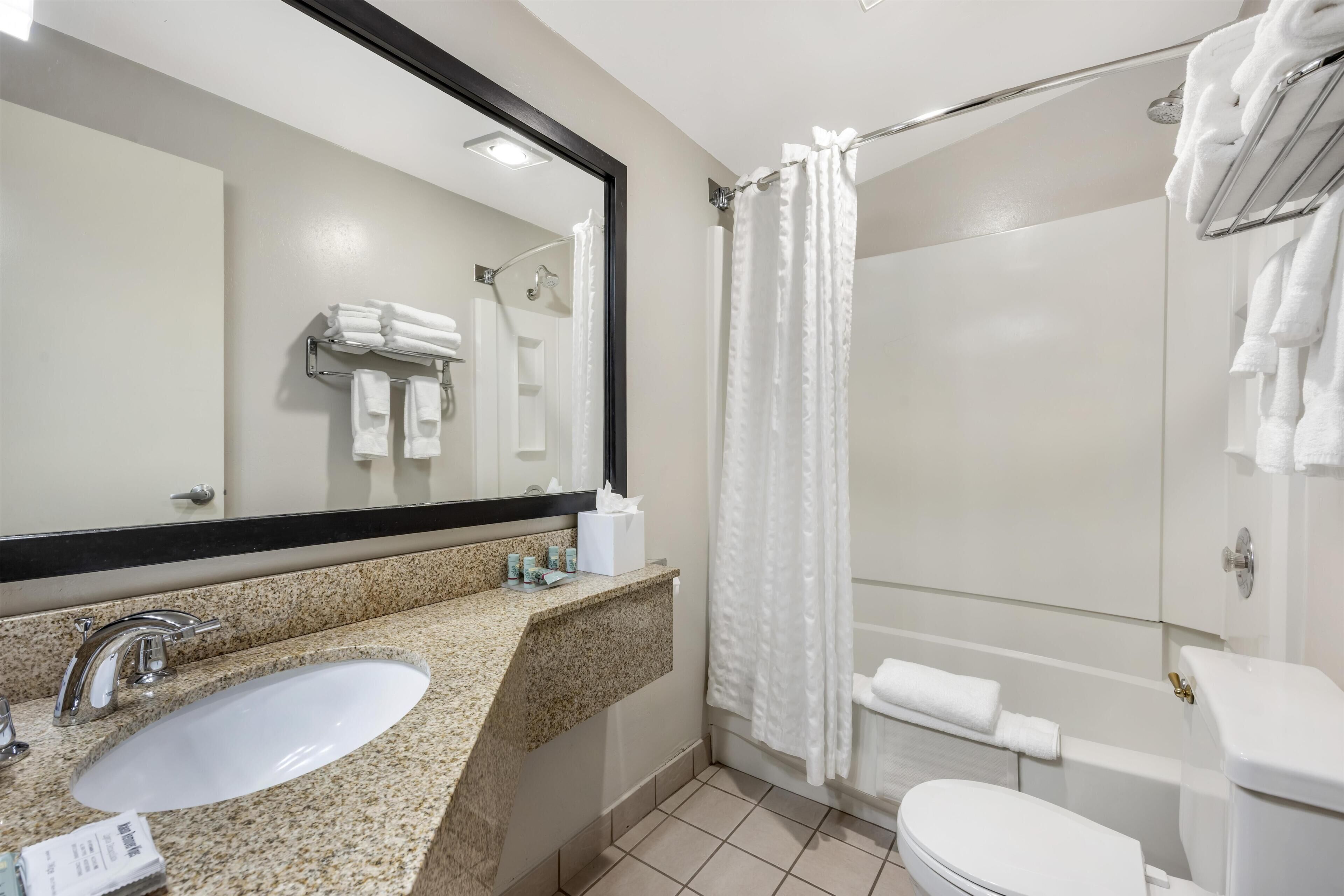 Un baño con lavamanos, espejo, toallero, cortina de ducha e inodoro.