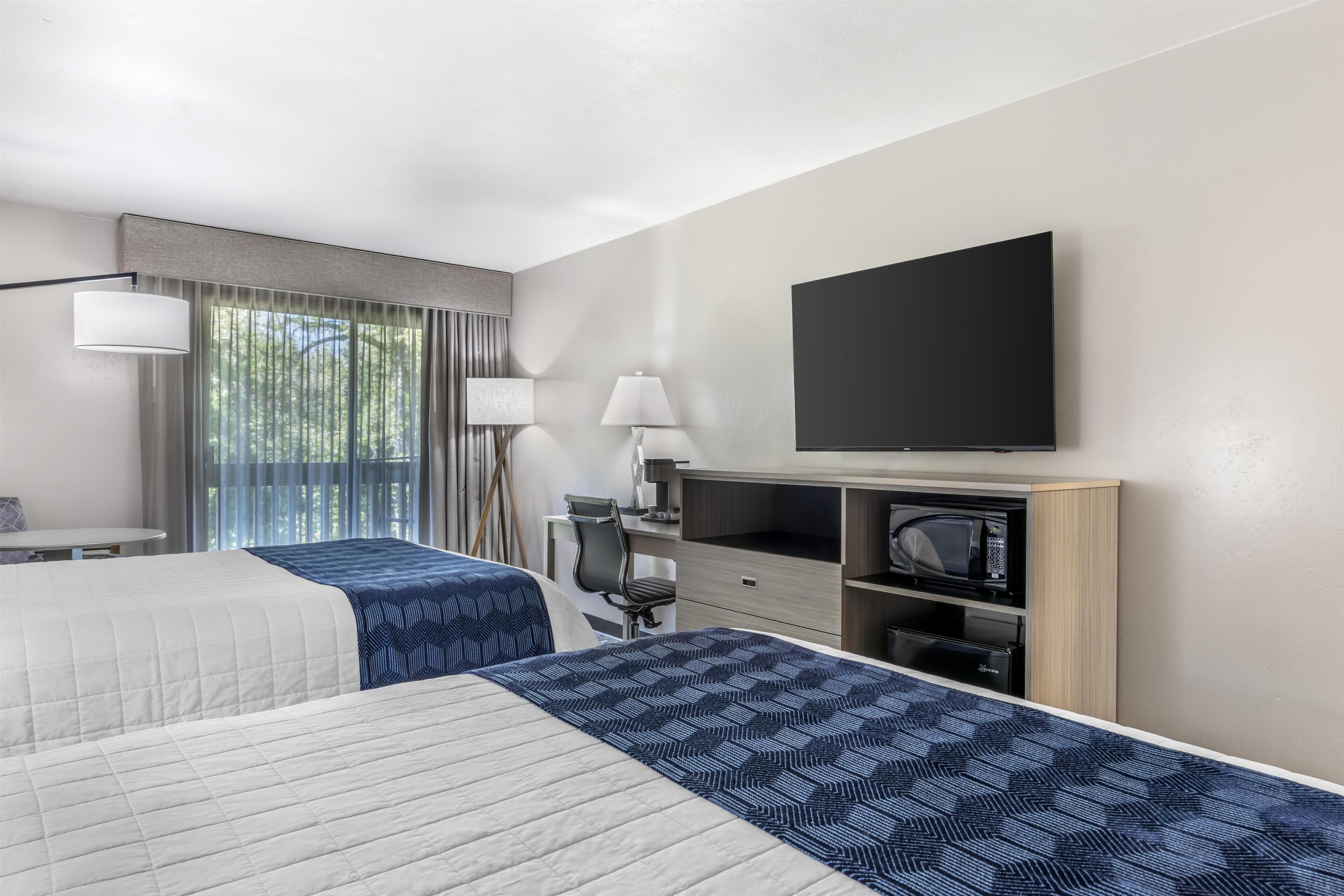 Habitación de hotel con dos camas, un escritorio, una silla, un televisor y un microondas.