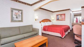 Desk, laptop workspace, blackout curtains, iron/ironing board