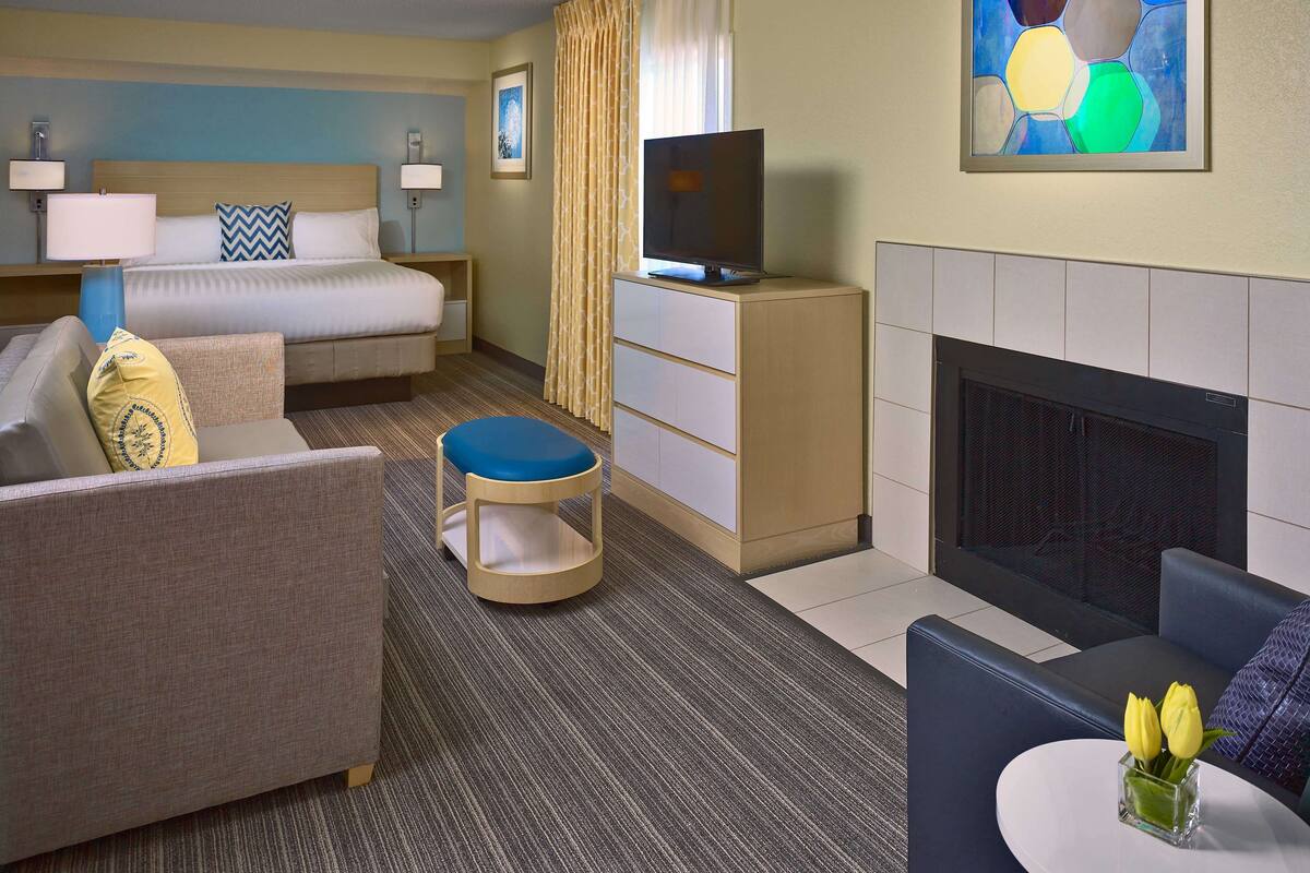 Quarto de hotel com cama, televisão, lareira, sofá e uma pequena mesa com flores.