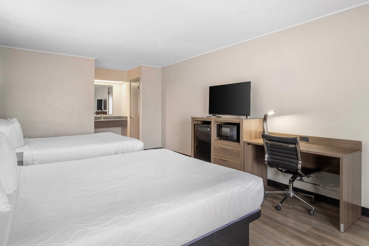 A hotel room with two beds, a desk, a chair, a television, and a mirror.