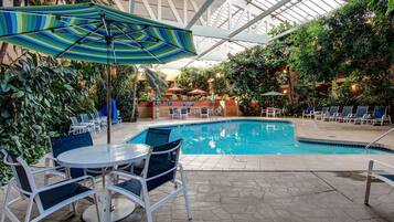 Indoor pool, outdoor pool, open 8:00 AM to 10:00 PM, pool umbrellas