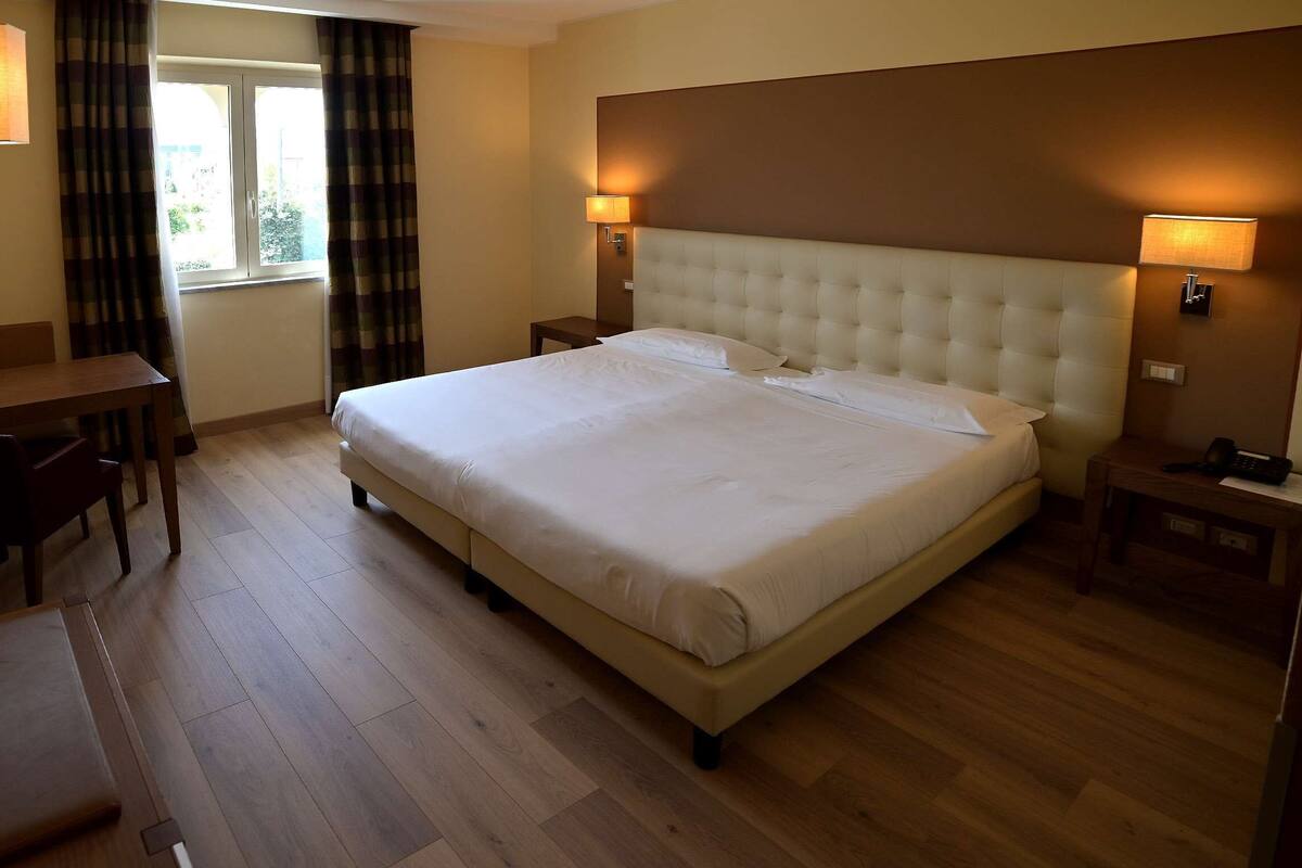Habitación de hotel con una cama grande, un escritorio, una silla y un televisor.