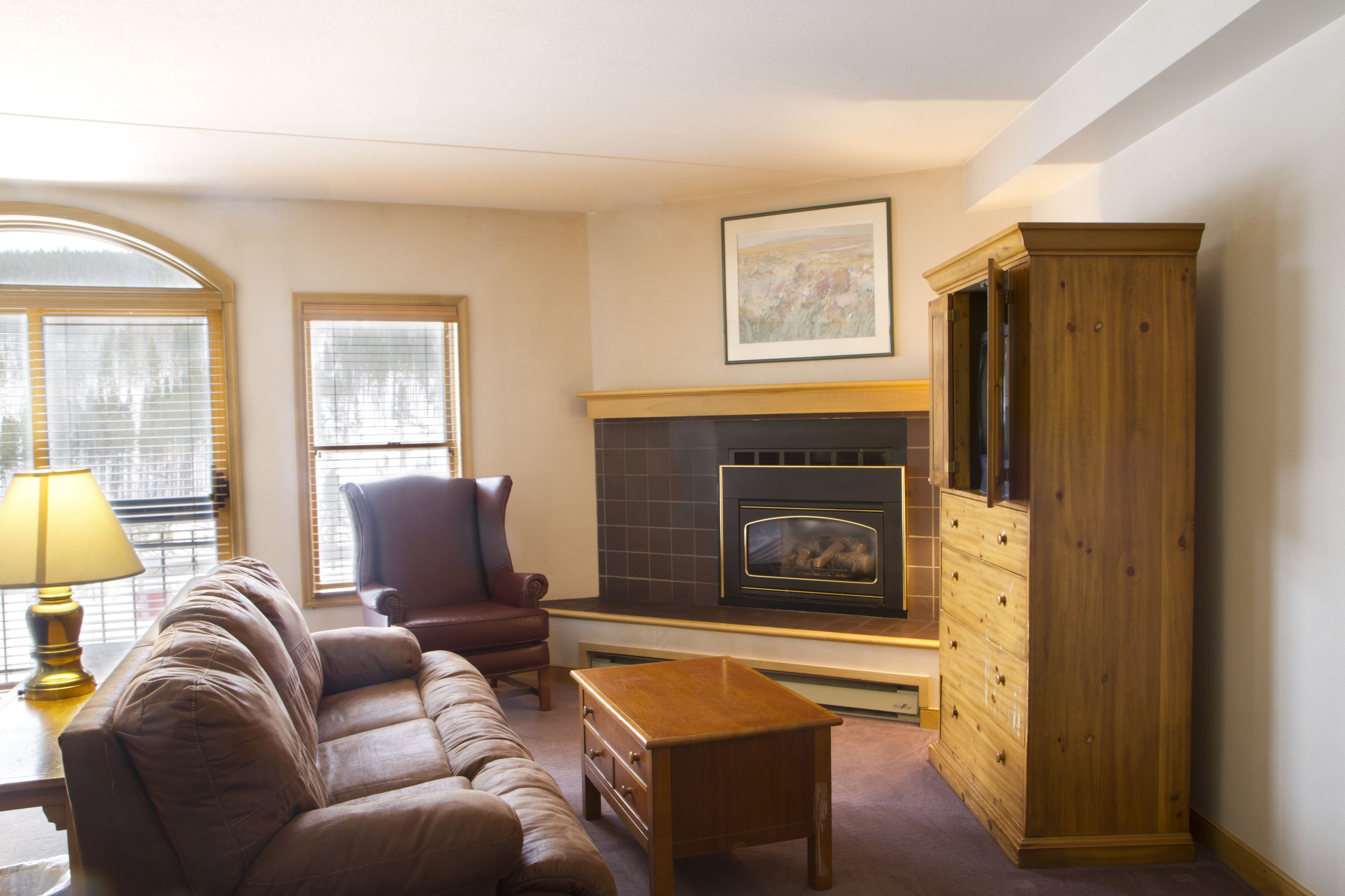 deluxe studio, fireplace | living room | tv