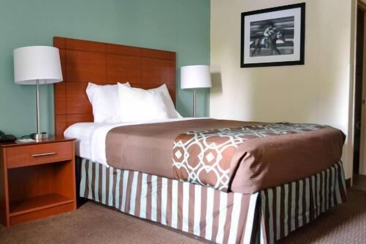 A hotel room with a wooden headboard, a striped bed skirt, two bedside lamps, a nightstand, and a framed picture on the wall.