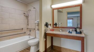Standard Room, 2 Double Beds, Accessible, Refrigerator & Microwave | Bathroom | Combined shower/tub, free toiletries, hair dryer, towels