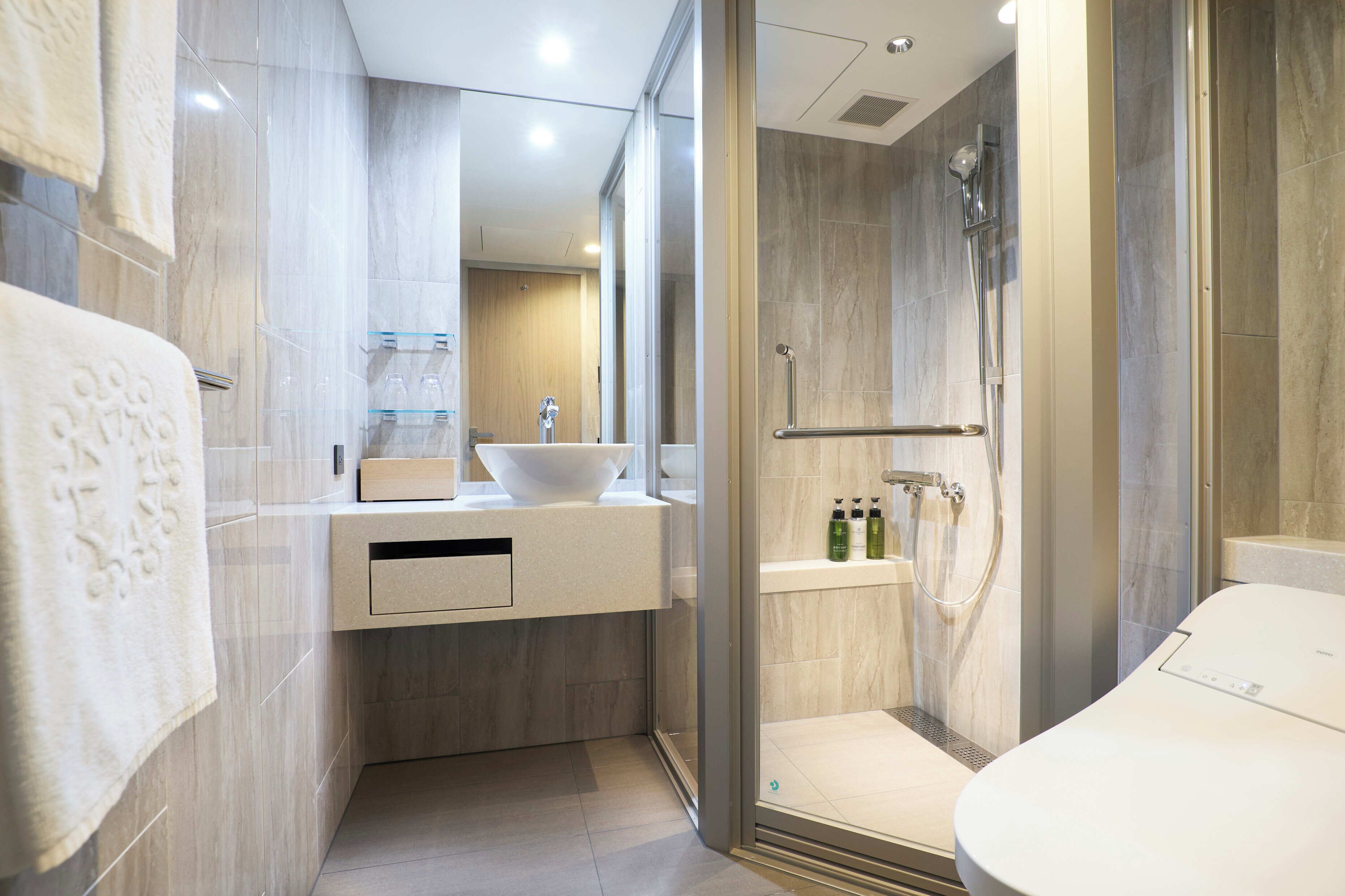 A modern bathroom with a glass shower enclosure, a white sink, and a large mirror.